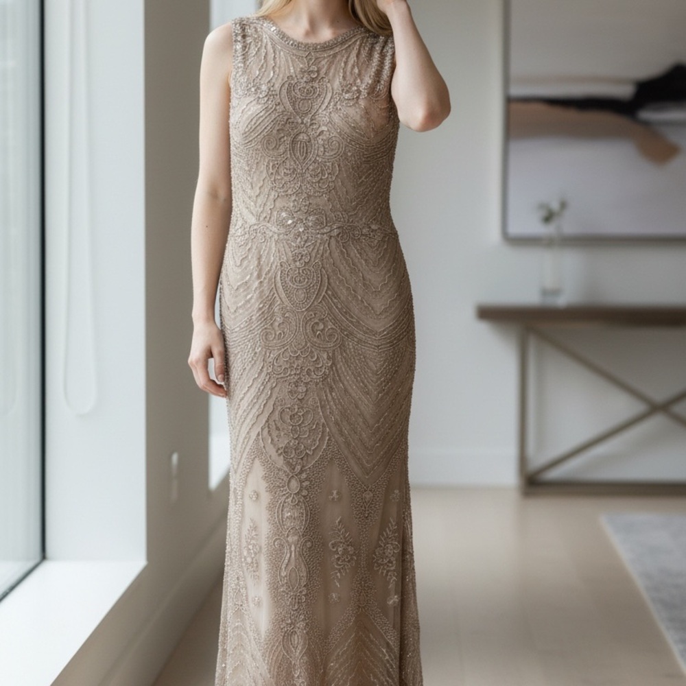 Montage by Mon Cheri Tan Lace Maxi Dress